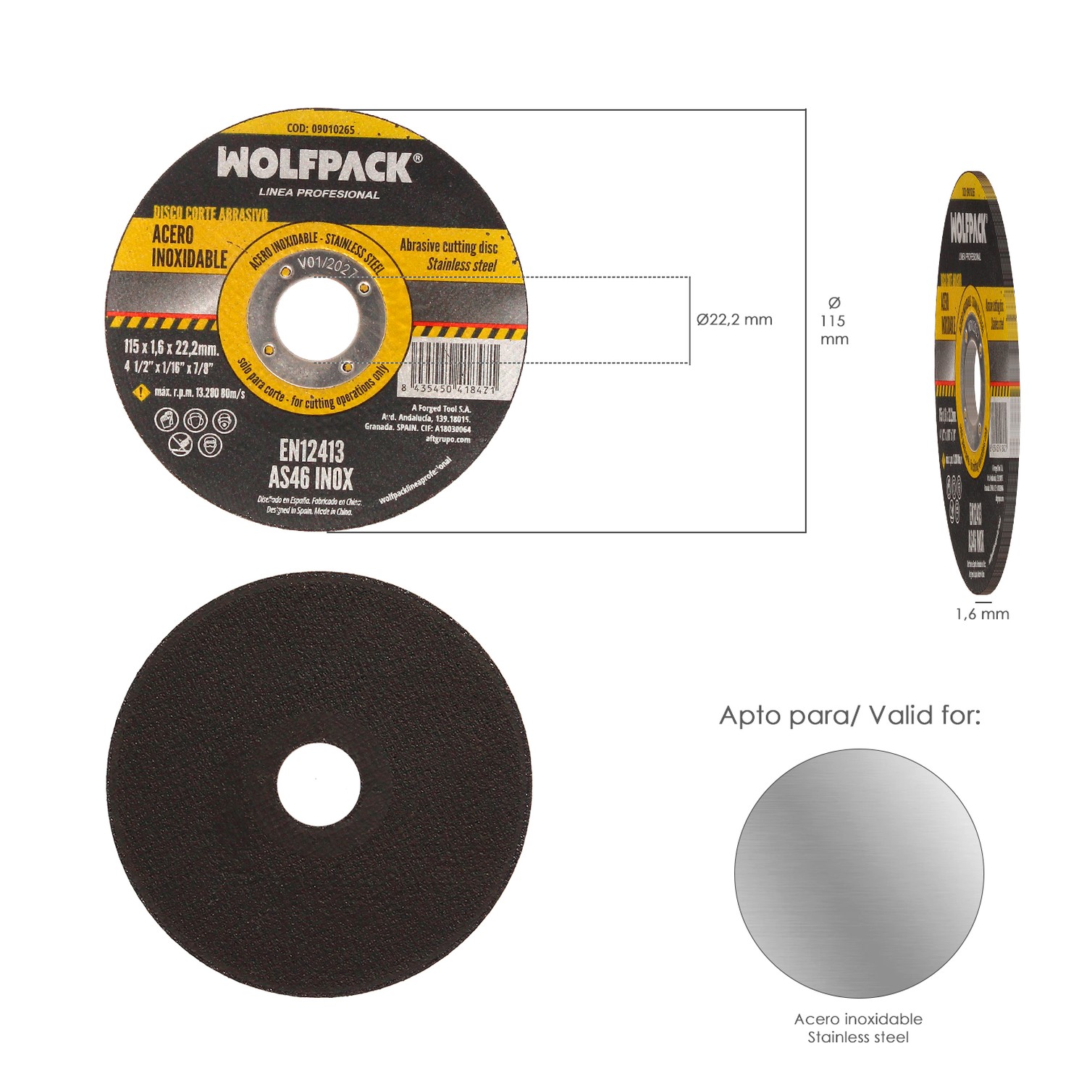 Disco Corte Abrasivo Acero Inoxidable Plus Ø 115x Ø 22,2 mm Espesor 1,6 mm. Disco Radial / Amoladora Universal