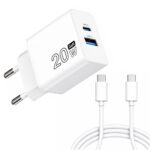 Cargador GaN 20 W. con puertos USB-A y USB-C. incluye cable USB-C a USB-C de 100 cm.