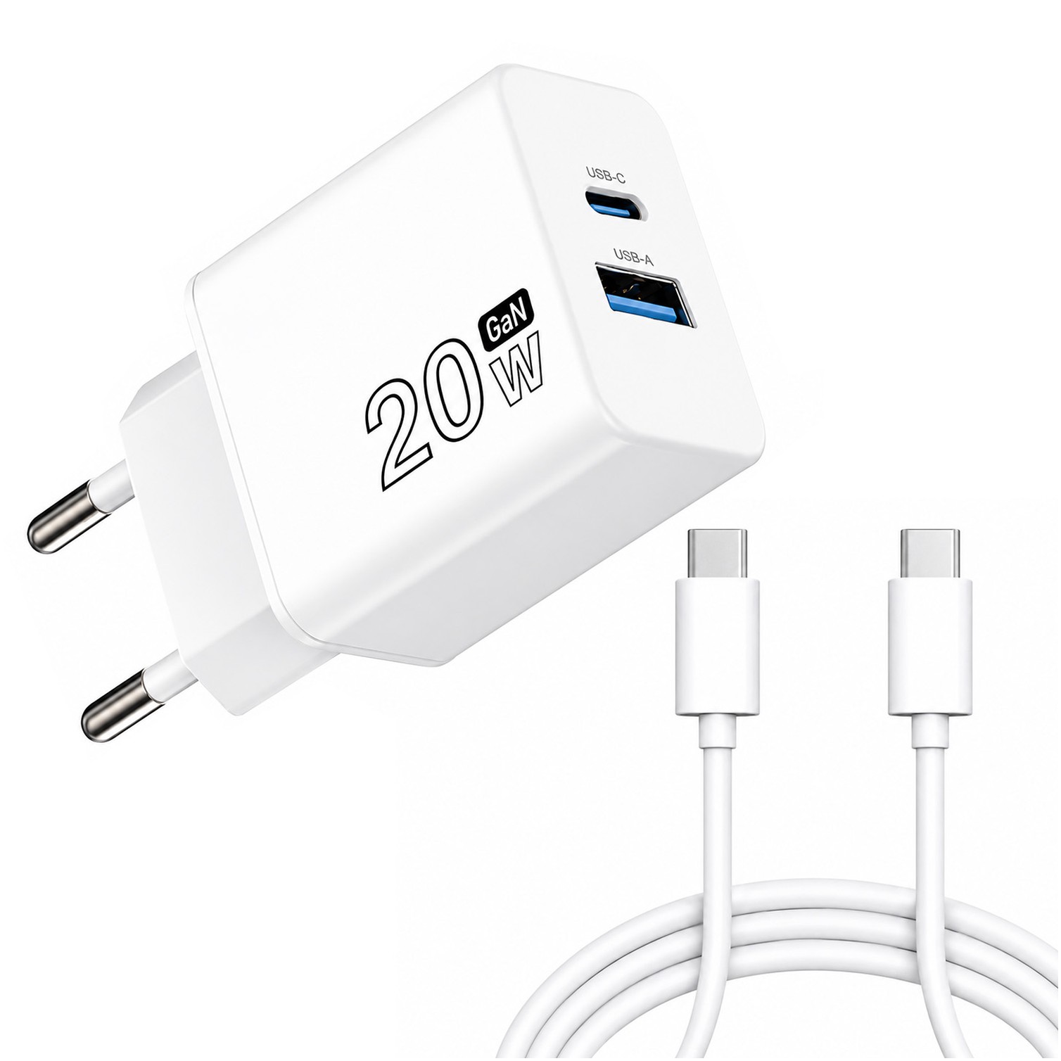 Cargador GaN 20 W. con puertos USB-A y USB-C. incluye cable USB-C a USB-C de 100 cm.