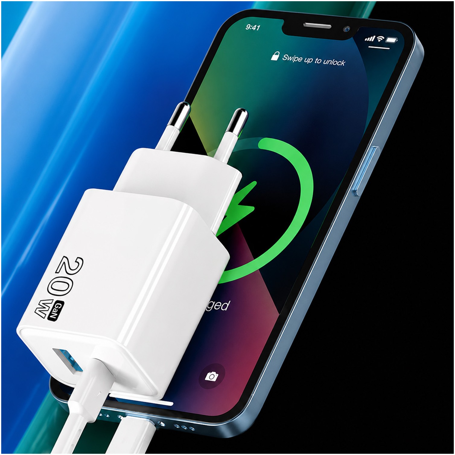 Cargador GaN 20 W. con puertos USB-A y USB-C. incluye cable USB-C a USB-C de 100 cm.