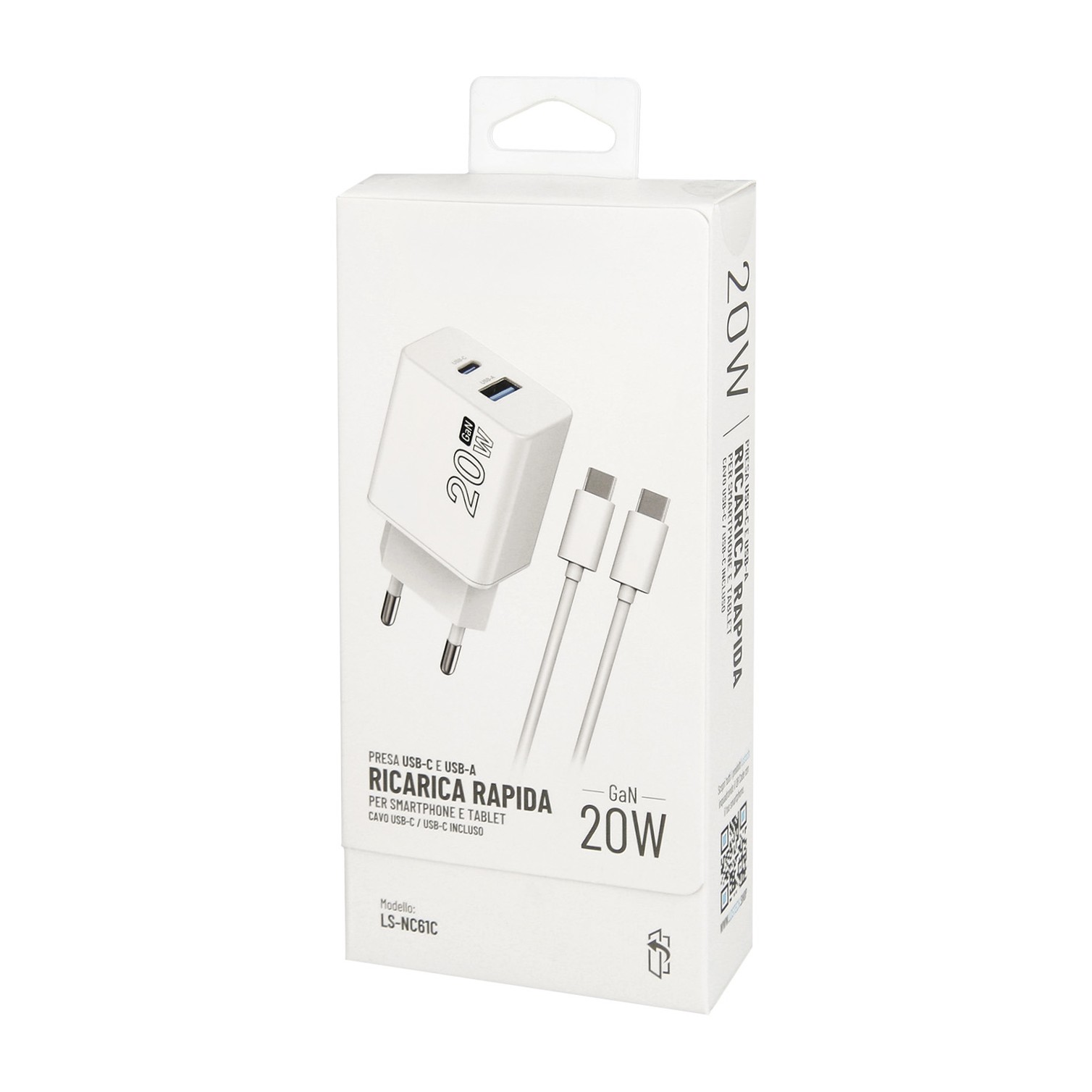 Cargador GaN 20 W. con puertos USB-A y USB-C. incluye cable USB-C a USB-C de 100 cm.
