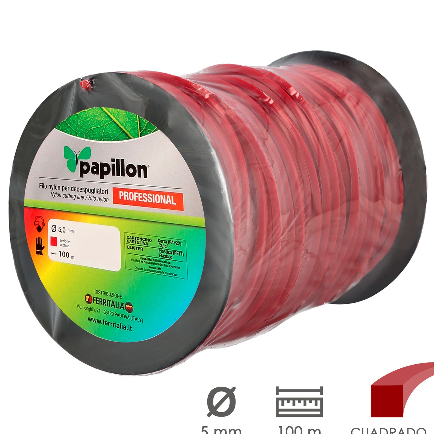 Hilo Nylon Desbrozadoras Cuadrado Professional Ø 5,0 mm. Rollo 100 metros. Hilo Nylon Corte Desbrozadores Hierba, Jardin, Maleza