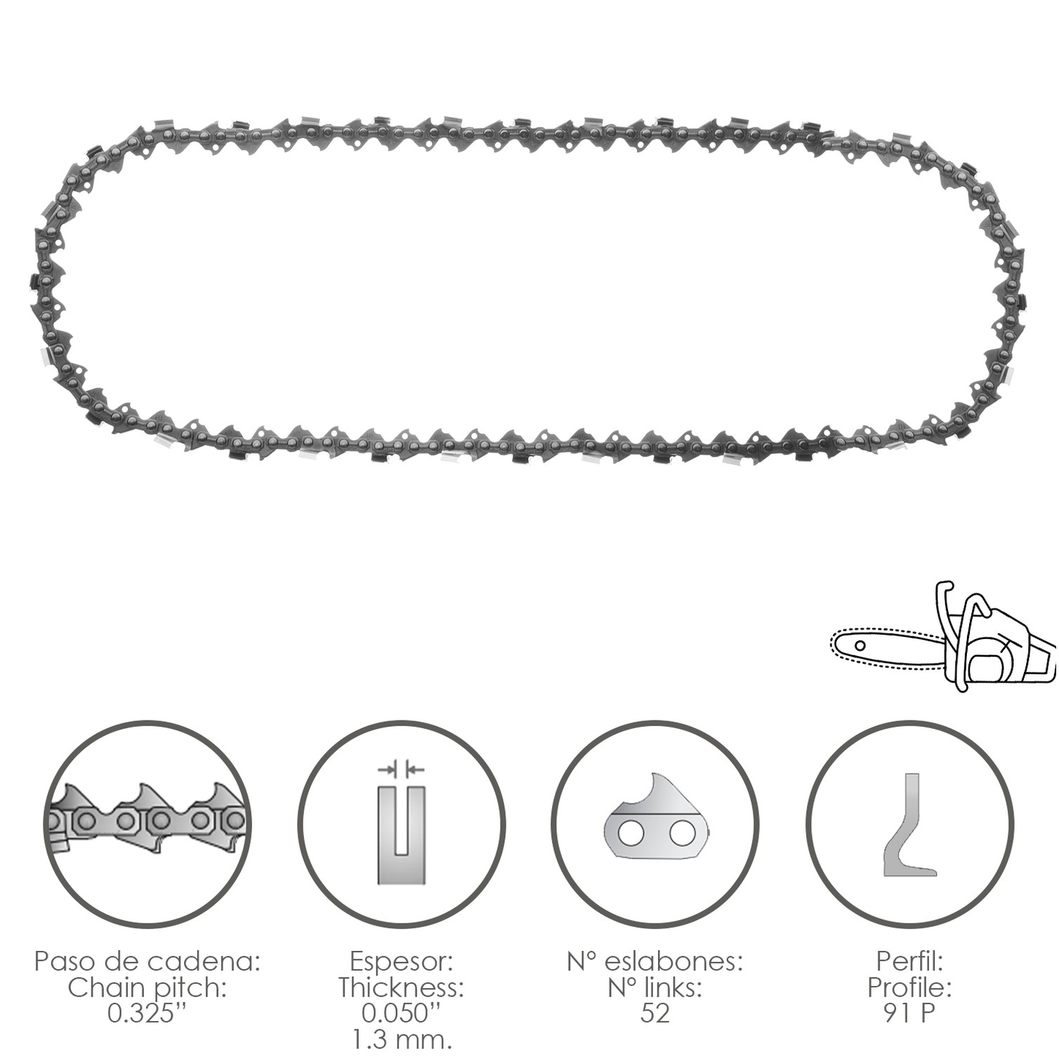 Cadena Motosierra 0.325" / 0.050" 1,3 mm. / 66 Eslabones / 91 P