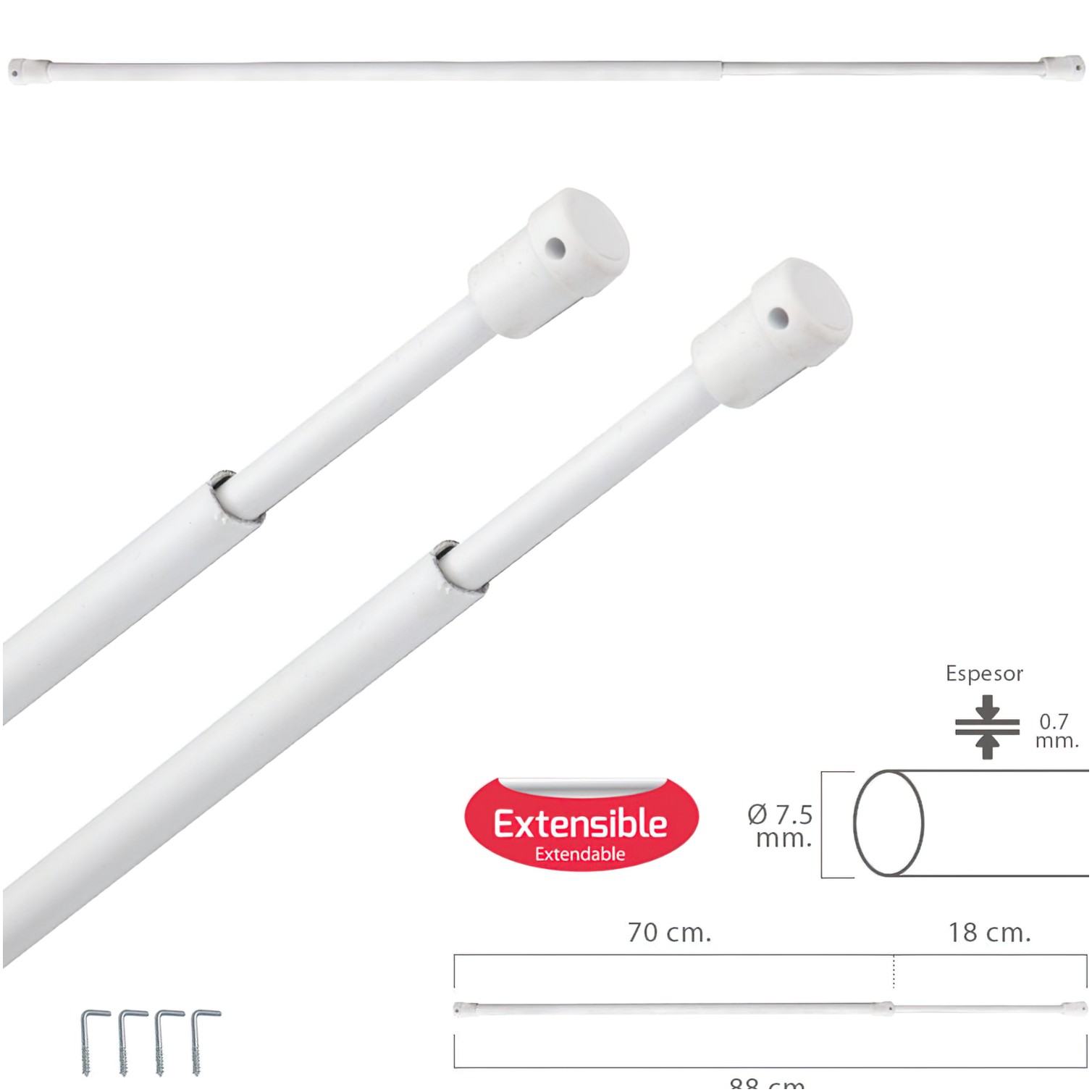 Barra Visillo Extensible 70/88 cm. Con Soporte, Sin Muelle (2 piezas)