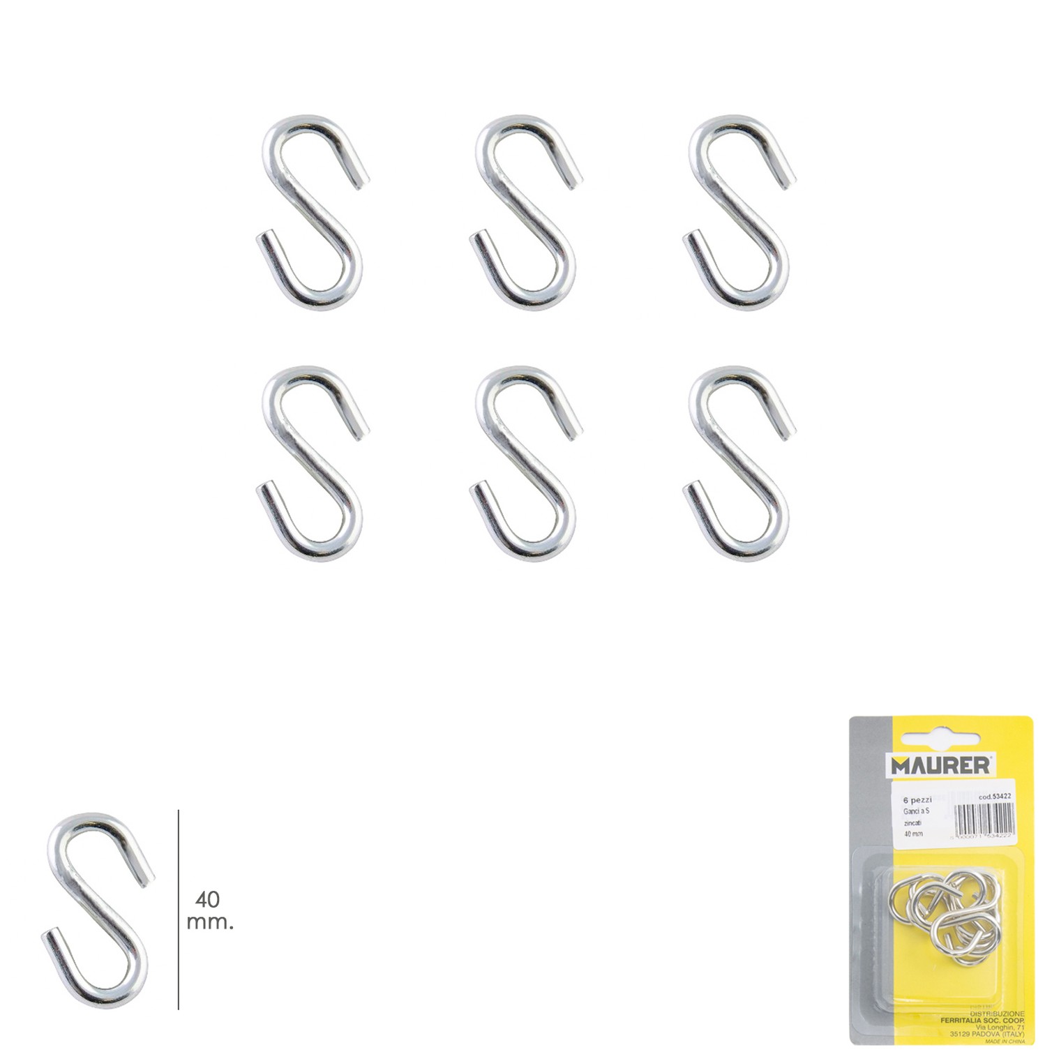 Gancho "S" 40 mm. Zincado (Blister 6 piezas) Uso Domestico