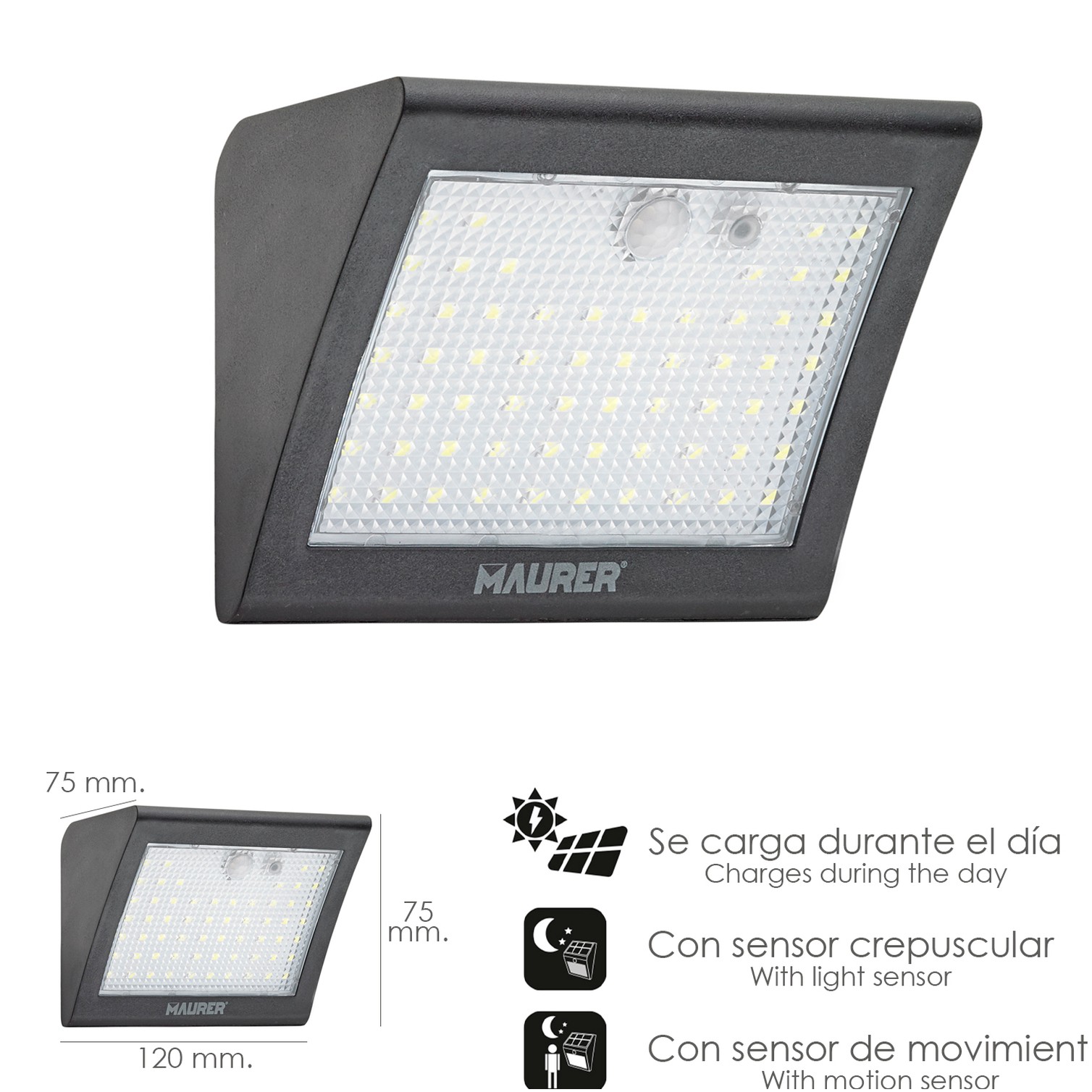Aplique Solar Led 250 Lumenes Con Sensor De Movimiento y Crepuscular IP65
