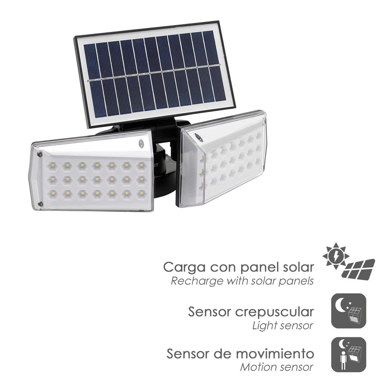 Aplique Solar Led Doble Con Sensor de Movimiento / Crepuscular 450 Lumenes. Protección IP65