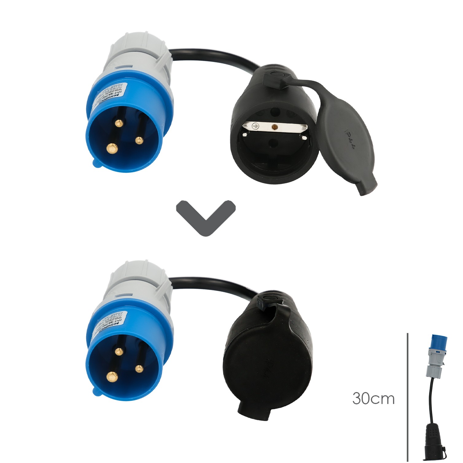 Adaptador de clavija CEE a Schuko, 2 polos + Tierra. Max. 16A. 230V