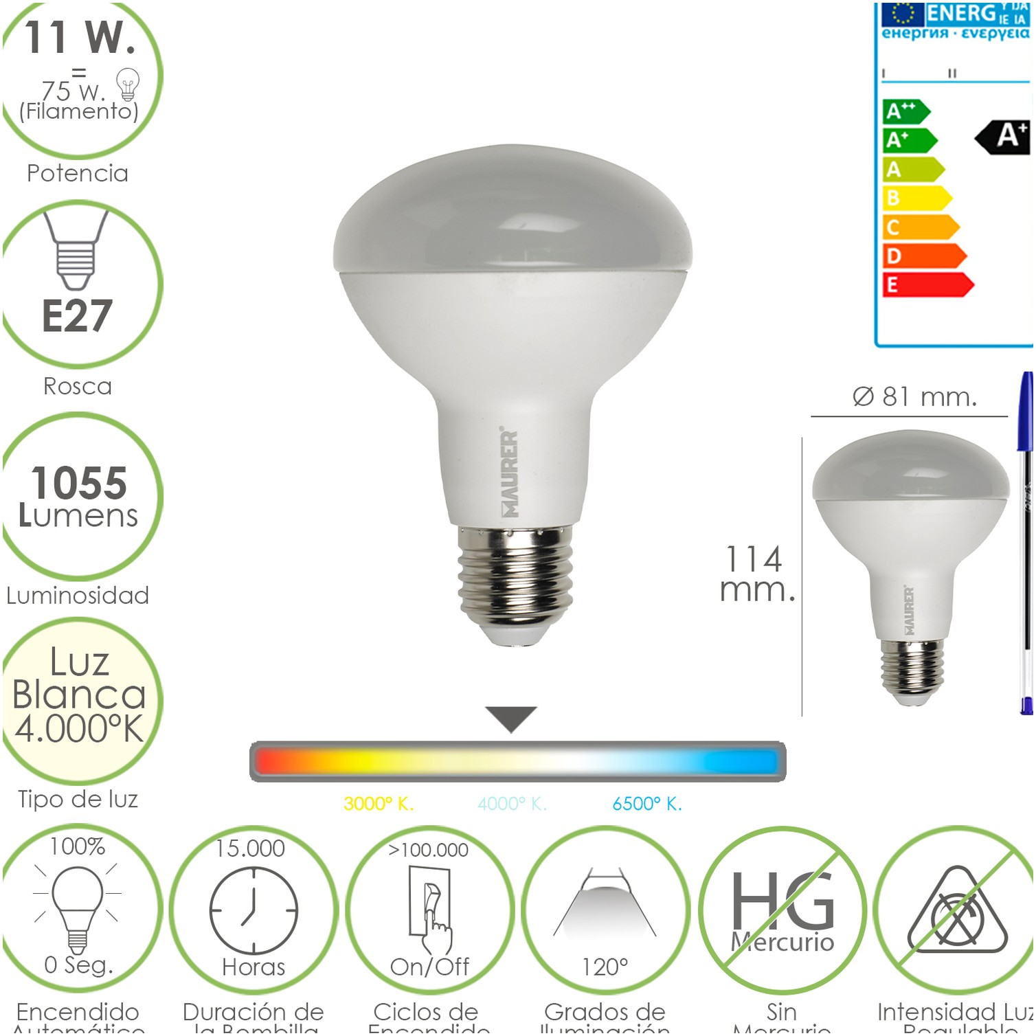 Bombilla Led Standar Rosca E27 (Gorda) 11 Watt. Equivale a 75 Watt. 1055 Lumenes. Luz Blanca (4.000º K) A+