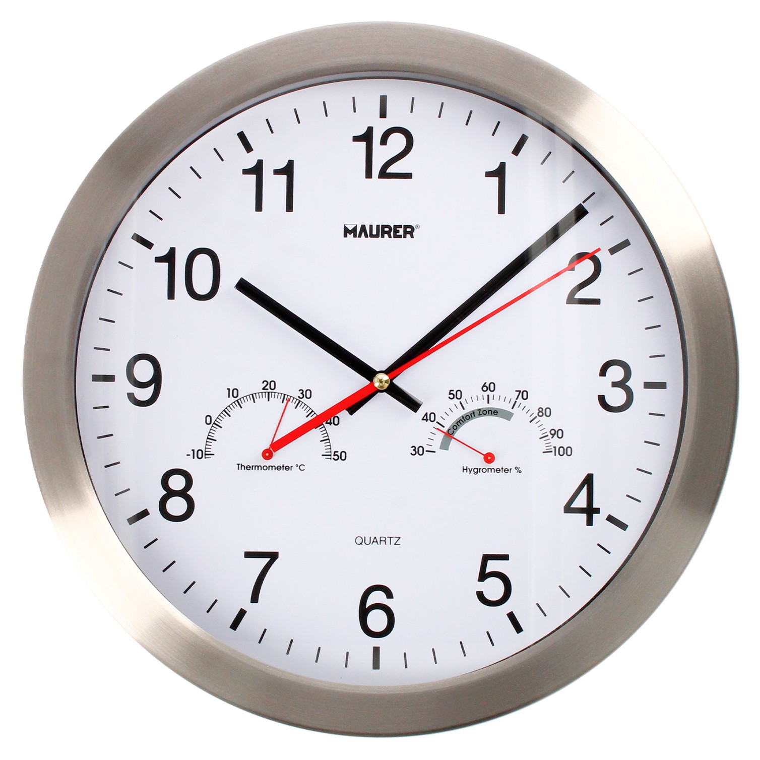 Reloj De Pared Ø 30 cm. Con Higrometro y Termometro. Frontal En Acero