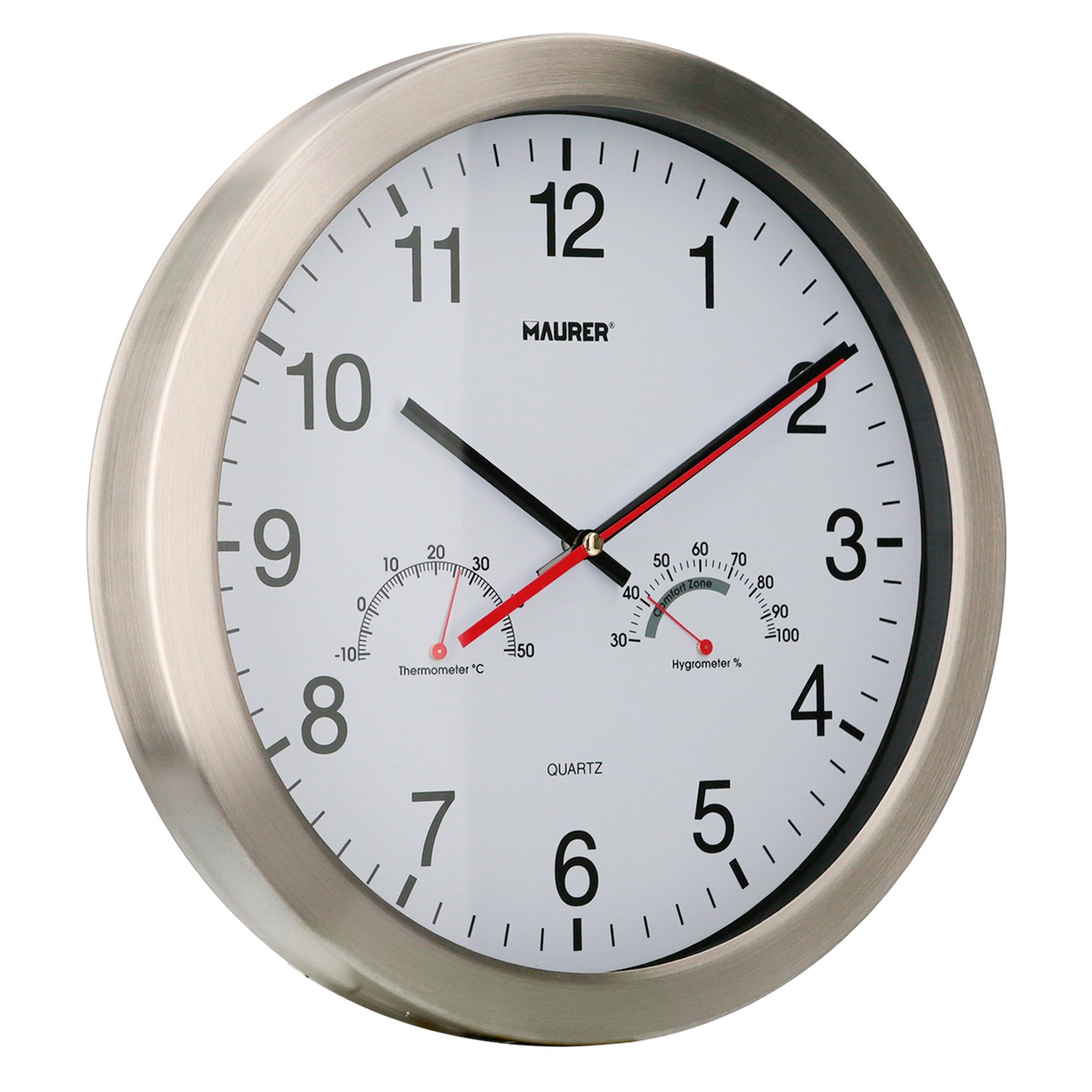 Reloj De Pared Ø 30 cm. Con Higrometro y Termometro. Frontal En Acero