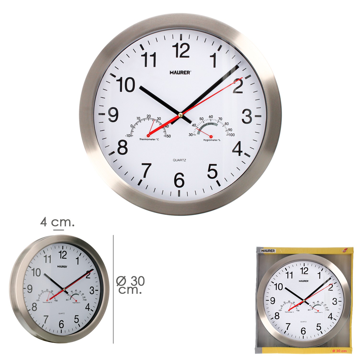 Reloj De Pared Ø 30 cm. Con Higrometro y Termometro. Frontal En Acero