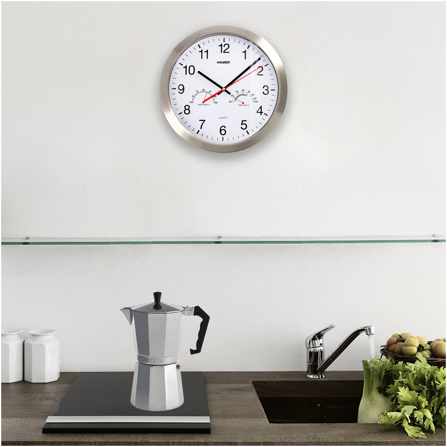 Reloj De Pared Ø 30 cm. Con Higrometro y Termometro. Frontal En Acero