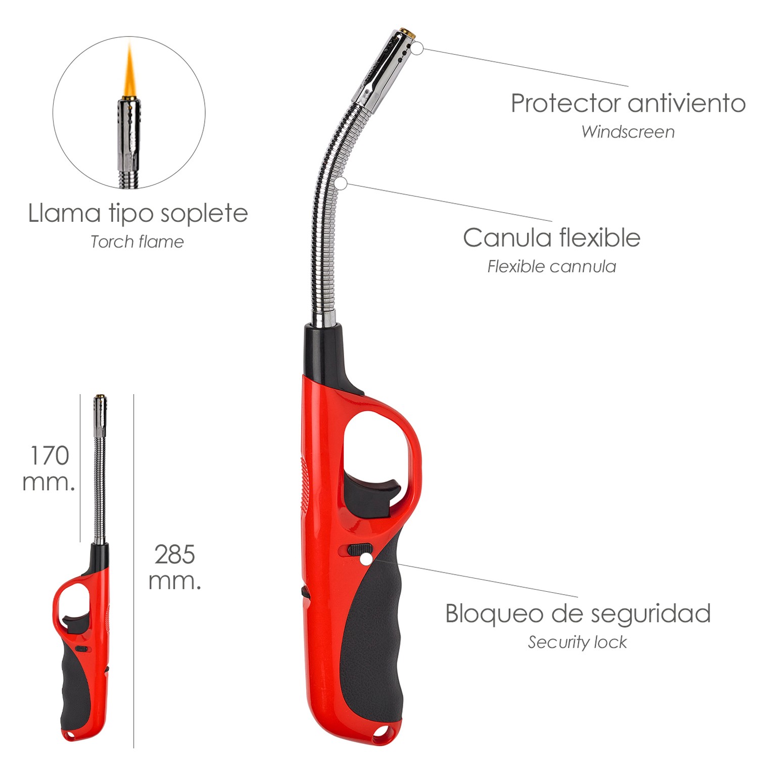 Encendedor / Mechero Gas Antiviento Llama Tipo Soplete 285 mm.