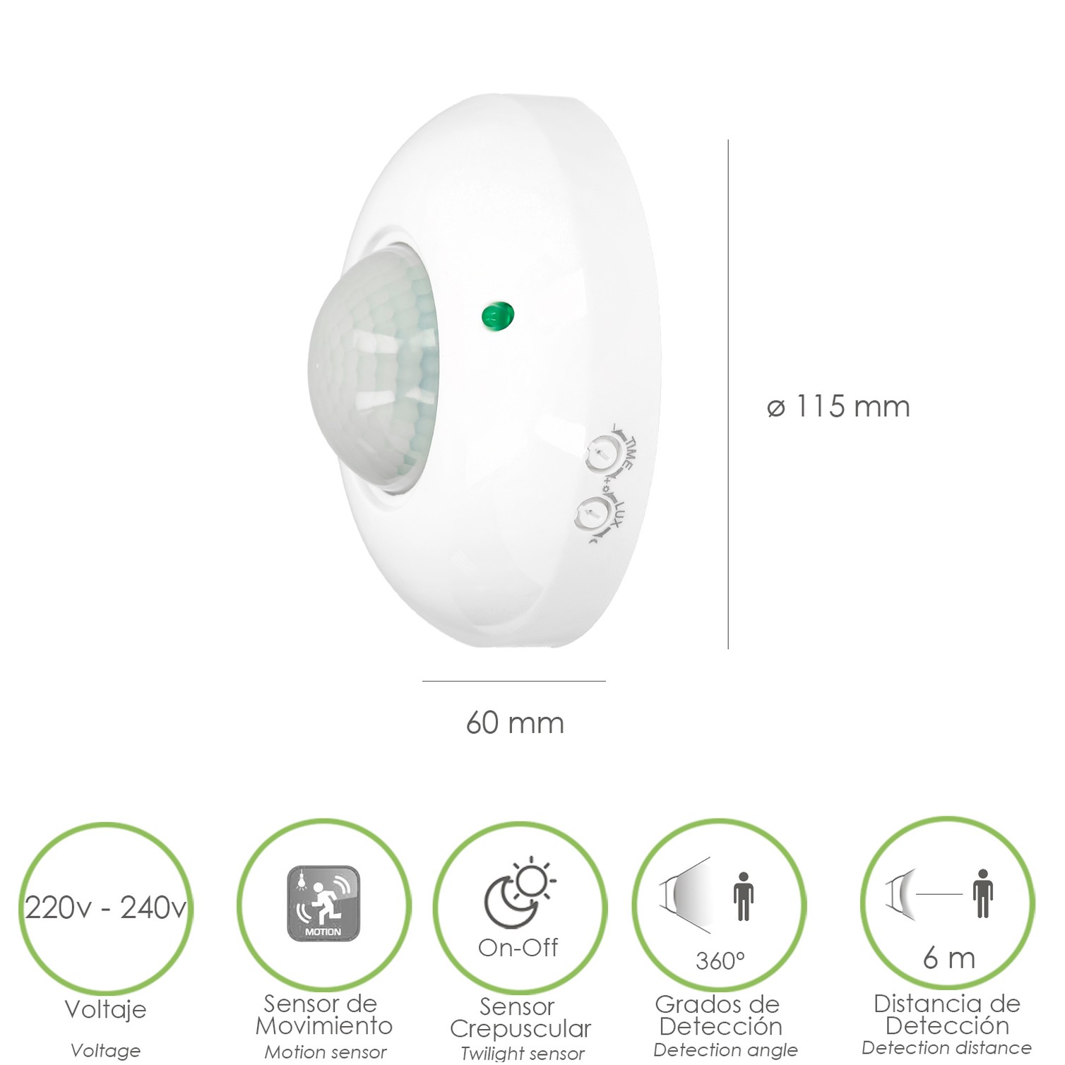 Detector De Movimiento Por Infrarrojos Con Sensor Crepuscular 360°. Ajustable