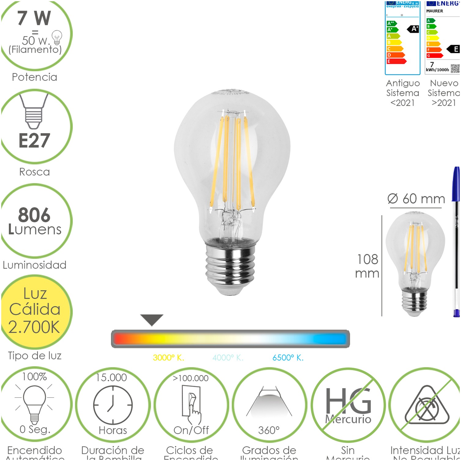 Bombilla Led Filamento Standar Rosca E27. 7 Watt. Equivale A 50 Watt. 806 Lumenes. Luz Calida 2700º K.