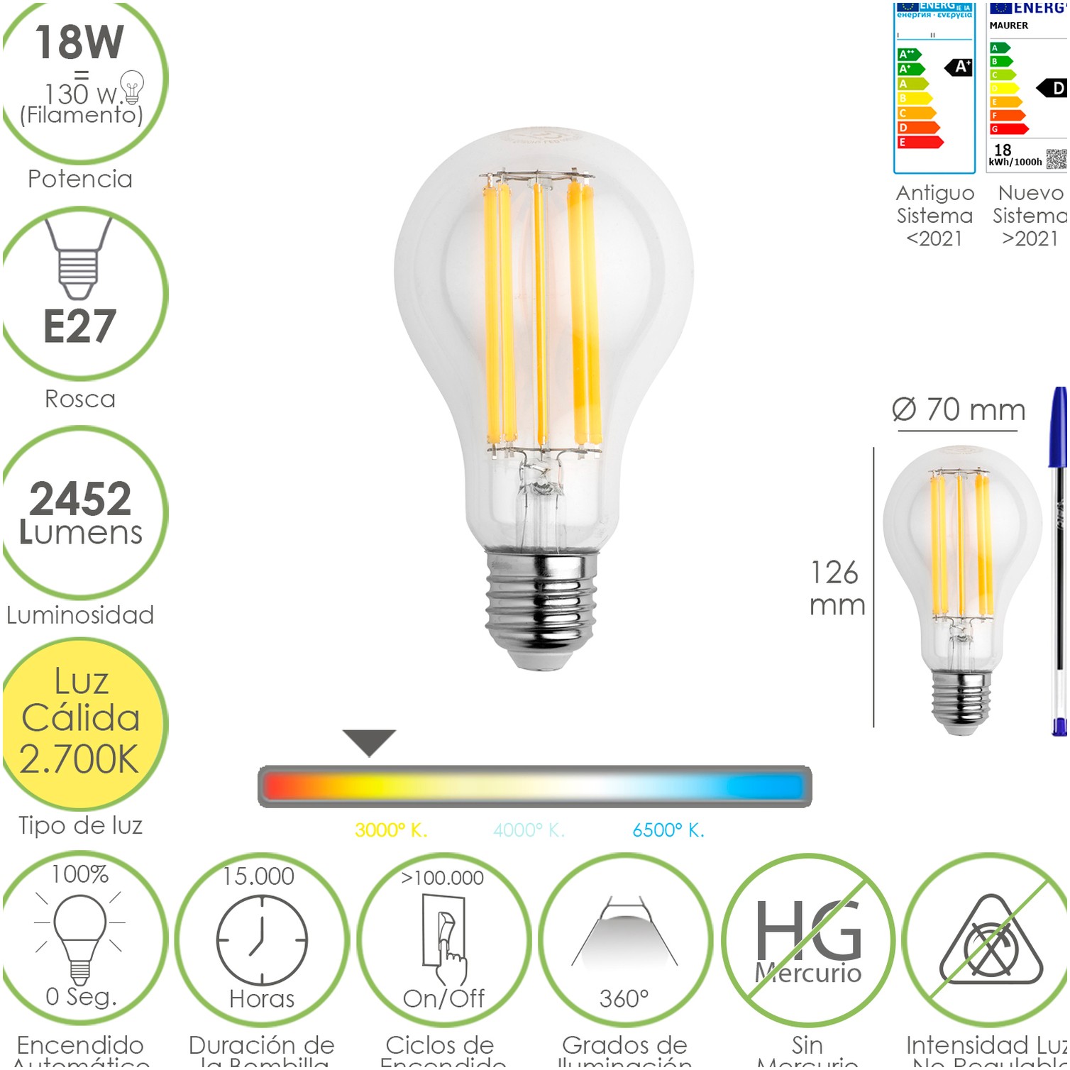 Bombilla Led Filamento Standar Rosca E27. 18 Watt. Equivale A 130 Watt. 2462 Lumenes. Luz Calida 2.700 º K.