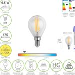 Bombilla Led Filamento Esfera Rosca E14. 4,5 Watt. Equivale A 40 Watt. 470 Lumenes. Luz Cálida (2700º K.)