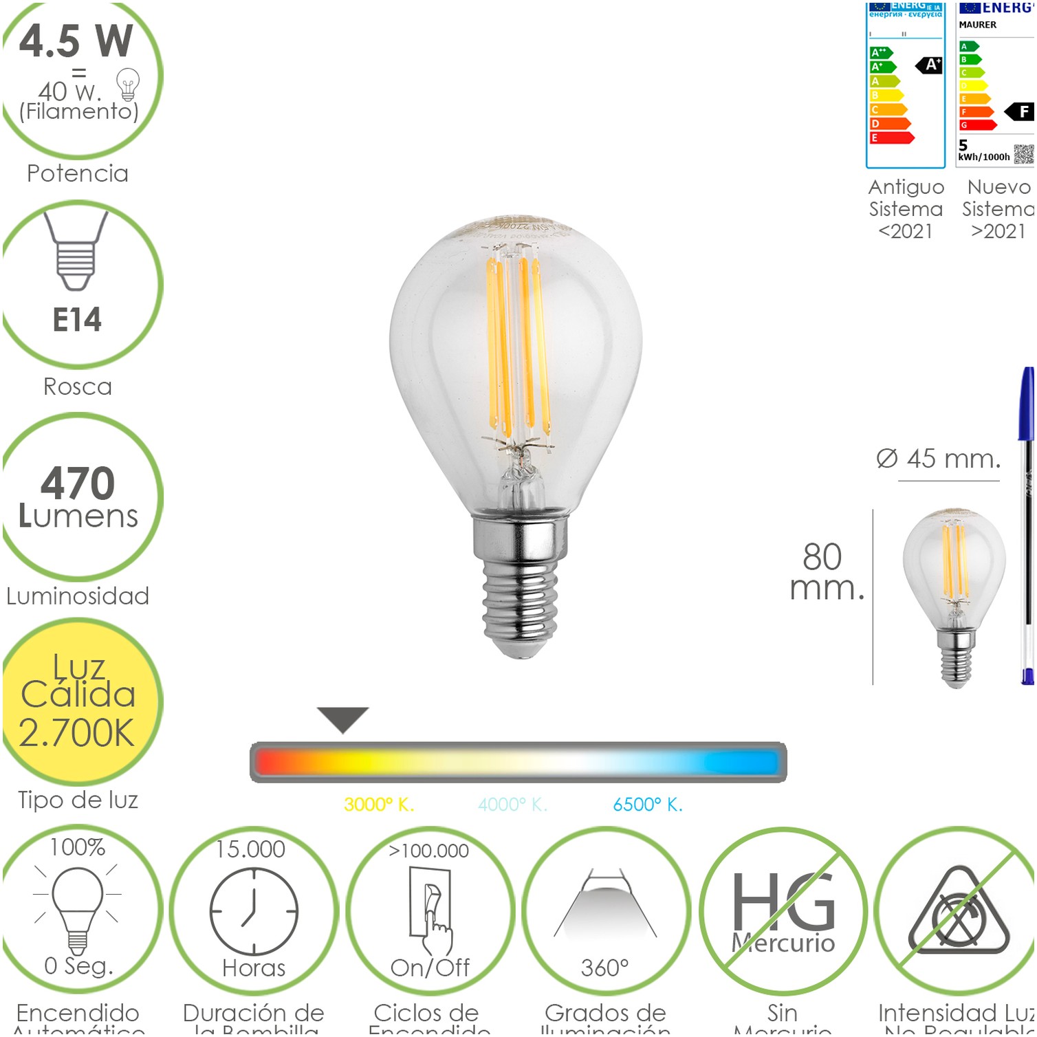 Bombilla Led Filamento Esfera Rosca E14. 4,5 Watt. Equivale A 40 Watt. 470 Lumenes. Luz Cálida (2700º K.)