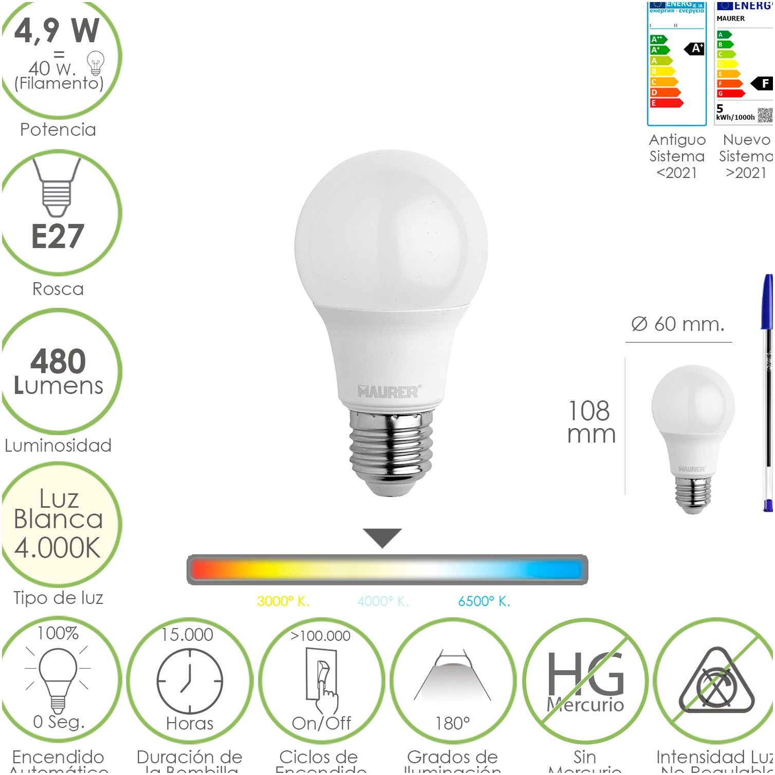Bombilla Led Estandar Rosca E27. 4.9 Watt. Equivale A 40 Watt. 480 Lumenes. Luz Blanca (4000º K.)