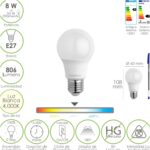 Bombilla Led Estandar Rosca E27. 8 Watt. Equivale A 65 Watt. 806 Lumenes. Luz Neutra (4000º K.)