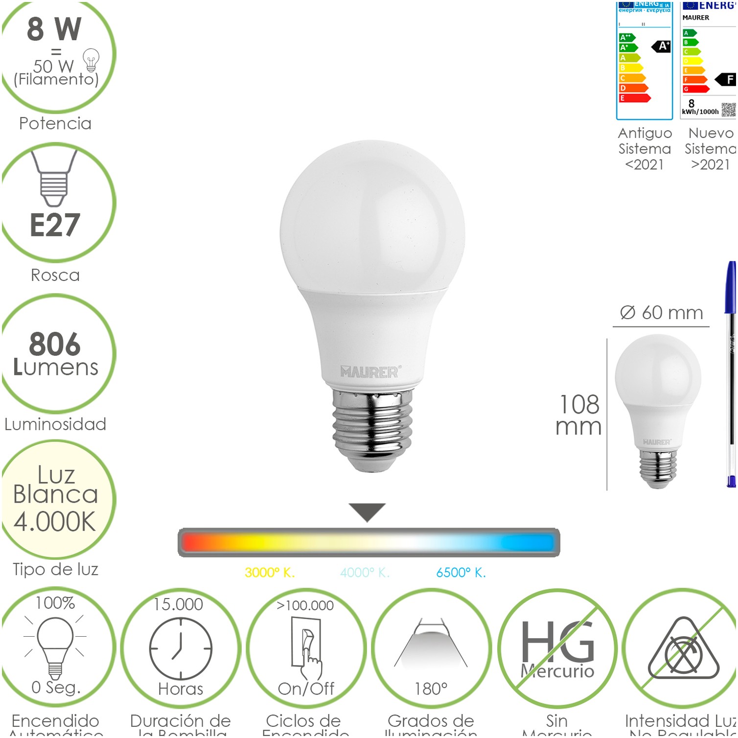 Bombilla Led Estandar Rosca E27. 8 Watt. Equivale A 65 Watt. 806 Lumenes. Luz Neutra (4000º K.)