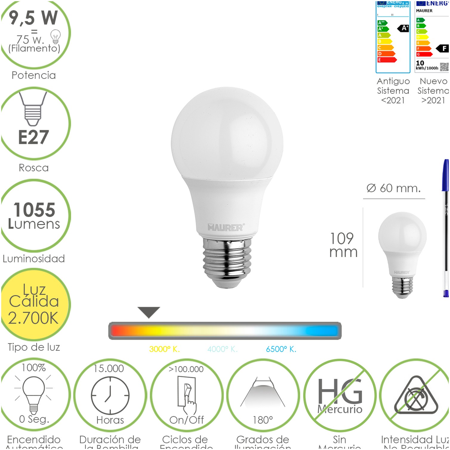 Bombilla Led Estandar Rosca E27. 9.5 Watt. Equivale A 75 Watt. 1055 Lumenes. Luz Cálida (2700º K)