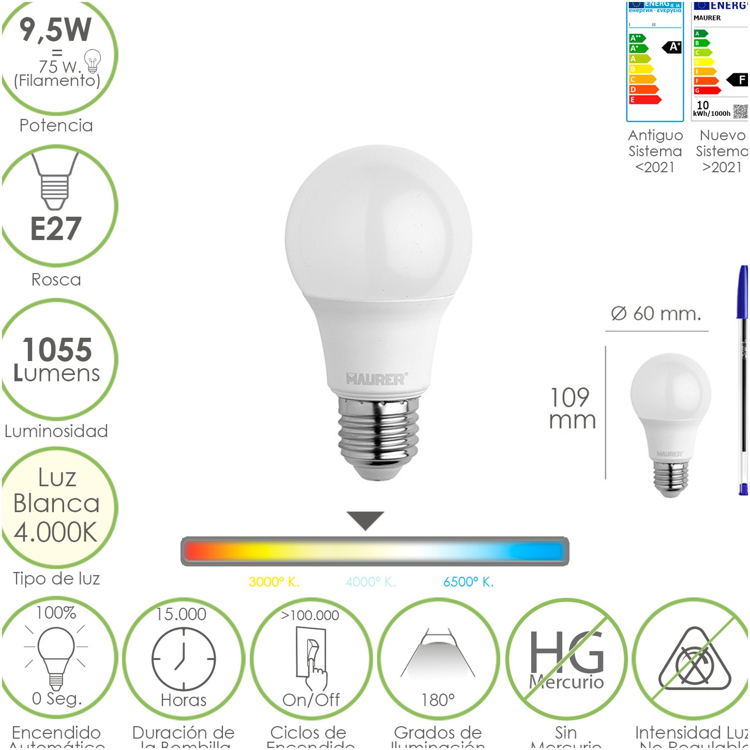 Bombilla Led Estandar Rosca E27. 9.5 Watt. Equivale A 75 Watt. 1055 Lumenes. Luz Neutra (4000º K.)