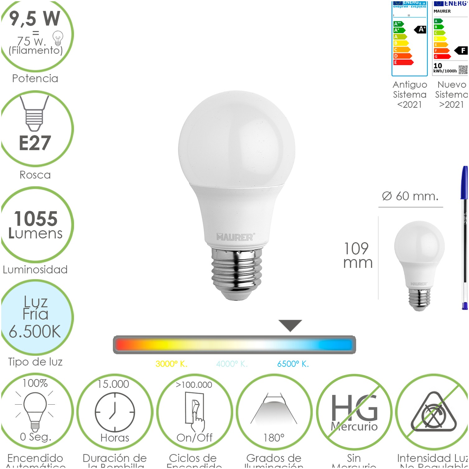 Bombilla Led Estandar Rosca E27. 9.5 Watt. Equivale A 75 Watt. 1055 Lumenes. Luz Fría (6500º K.)