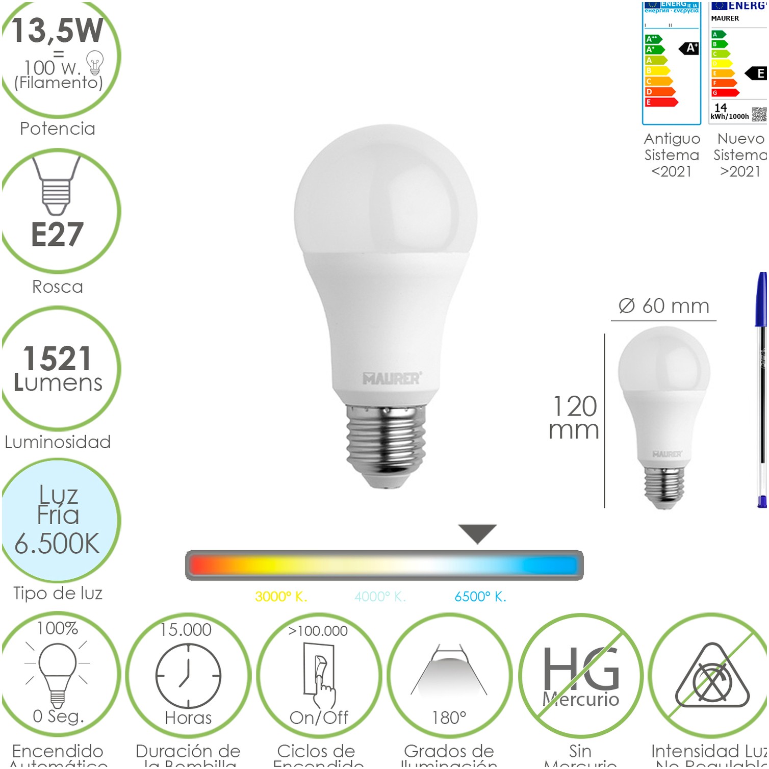Bombilla Led Estandar Rosca E27. 13,5 Watt. Equivale A 100 Watt. 1521 Lumenes. Luz Fría (6500º K.)