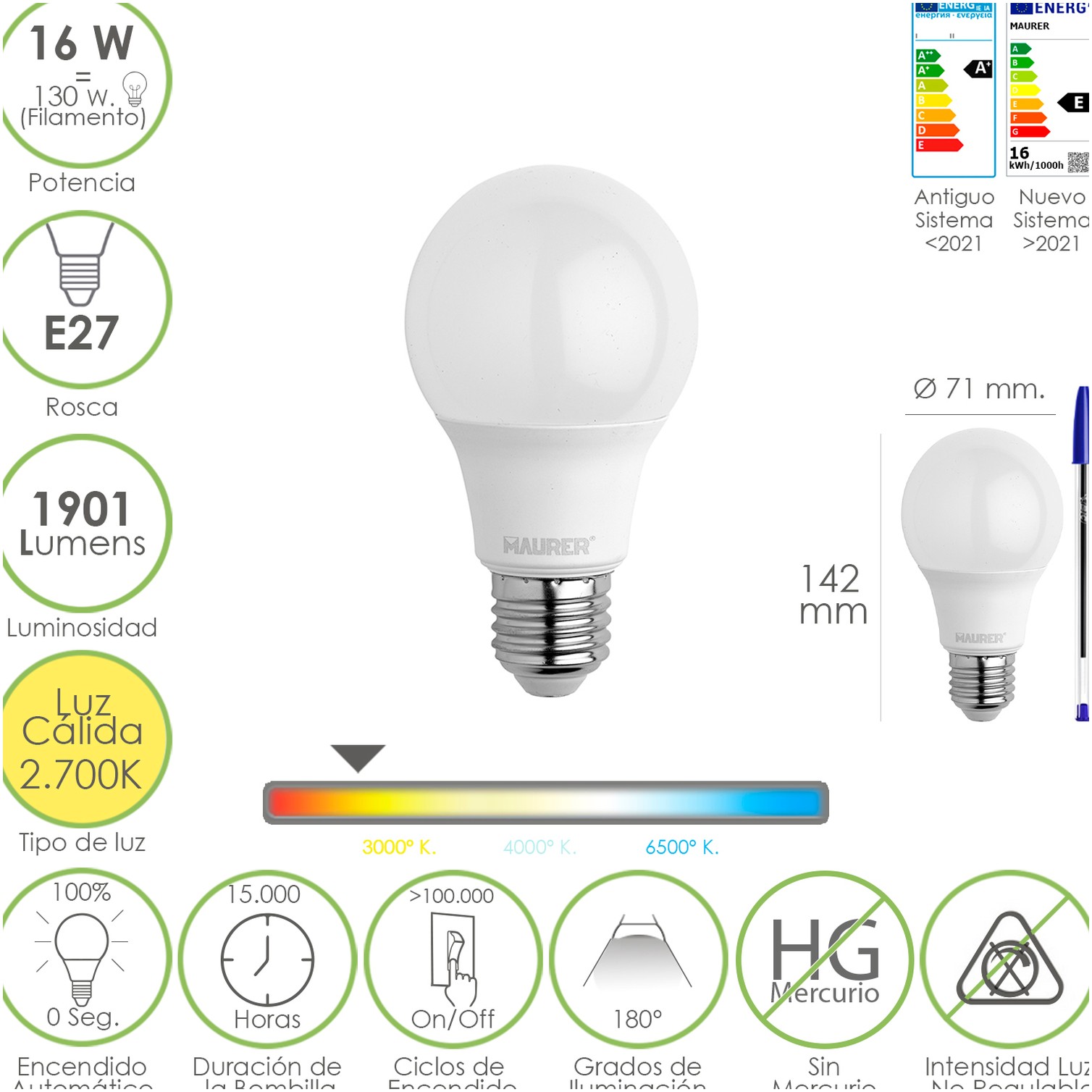 Bombilla Led Estandar Rosca E27. 16 Watt. Equivale A 130 Watt. 1901 Lumenes. Luz Calida 2.700º K.