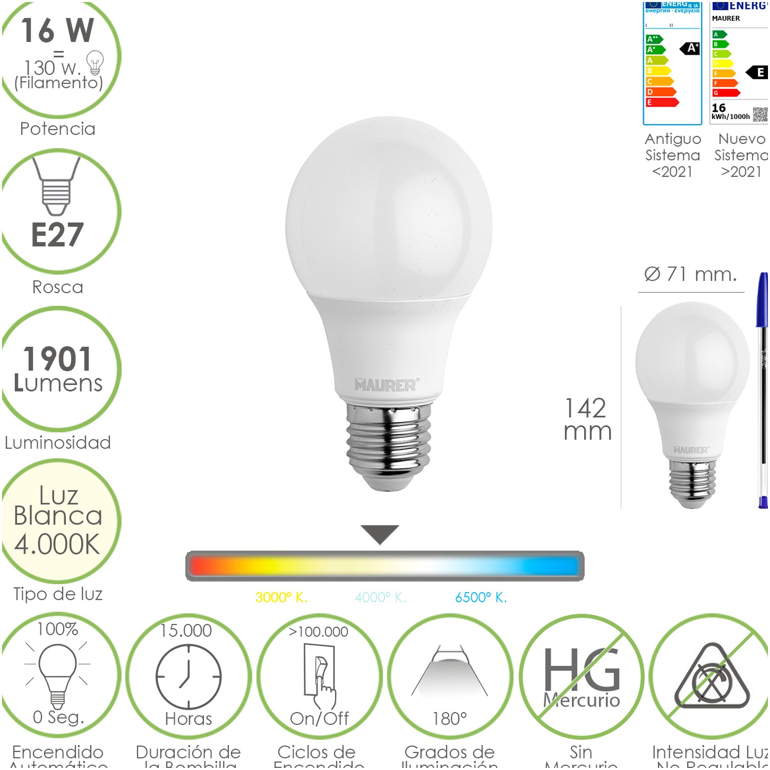 Bombilla Led Estandar Rosca E27. 16 Watt. Equivale A 130 Watt. 1901 Lumenes. Luz Blanca 4000º K.)