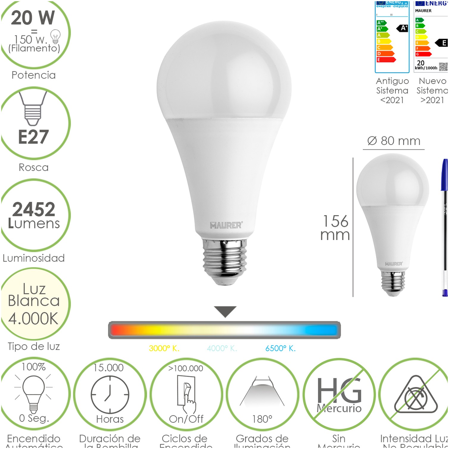Bombilla Led Estandar Rosca E27. 20 Watt. Equivale A 150 Watt. 2452 Lumenes. Luz Neutra (4000º K.)