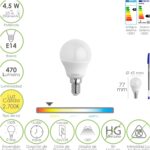 Bombilla Led Esferica Rosca E14 4.5 Watt. Equivale A 35 Watt. 470 Lumenes. Luz Cálida (00º K)