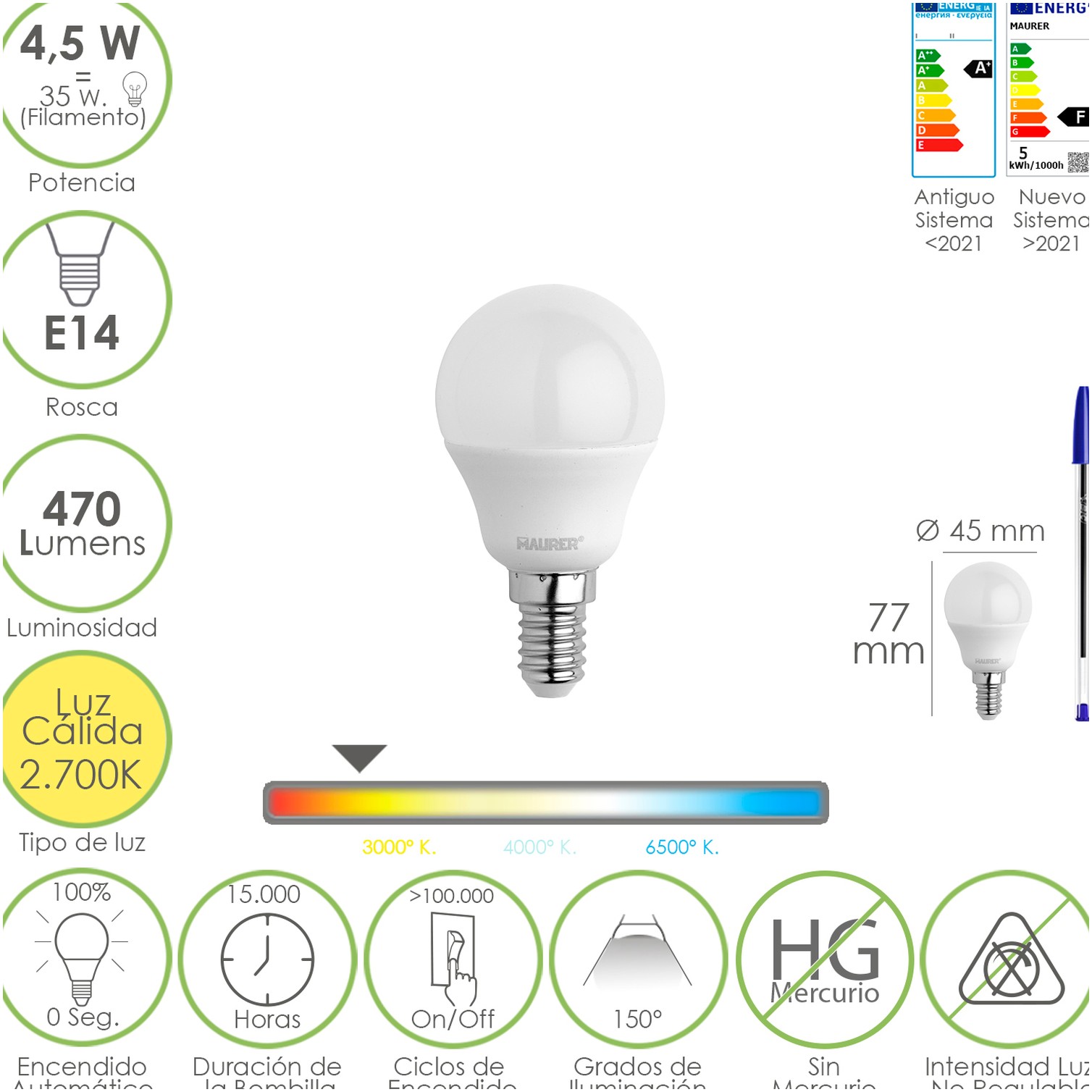 Bombilla Led Esferica Rosca E14 4.5 Watt. Equivale A 35 Watt. 470 Lumenes. Luz Cálida (00º K)