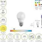 Bombilla Led Esferica Rosca E27 4.5 Watt. Equivale A 55 Watt. 470 Lumenes. Luz Cálida (2700º K.)