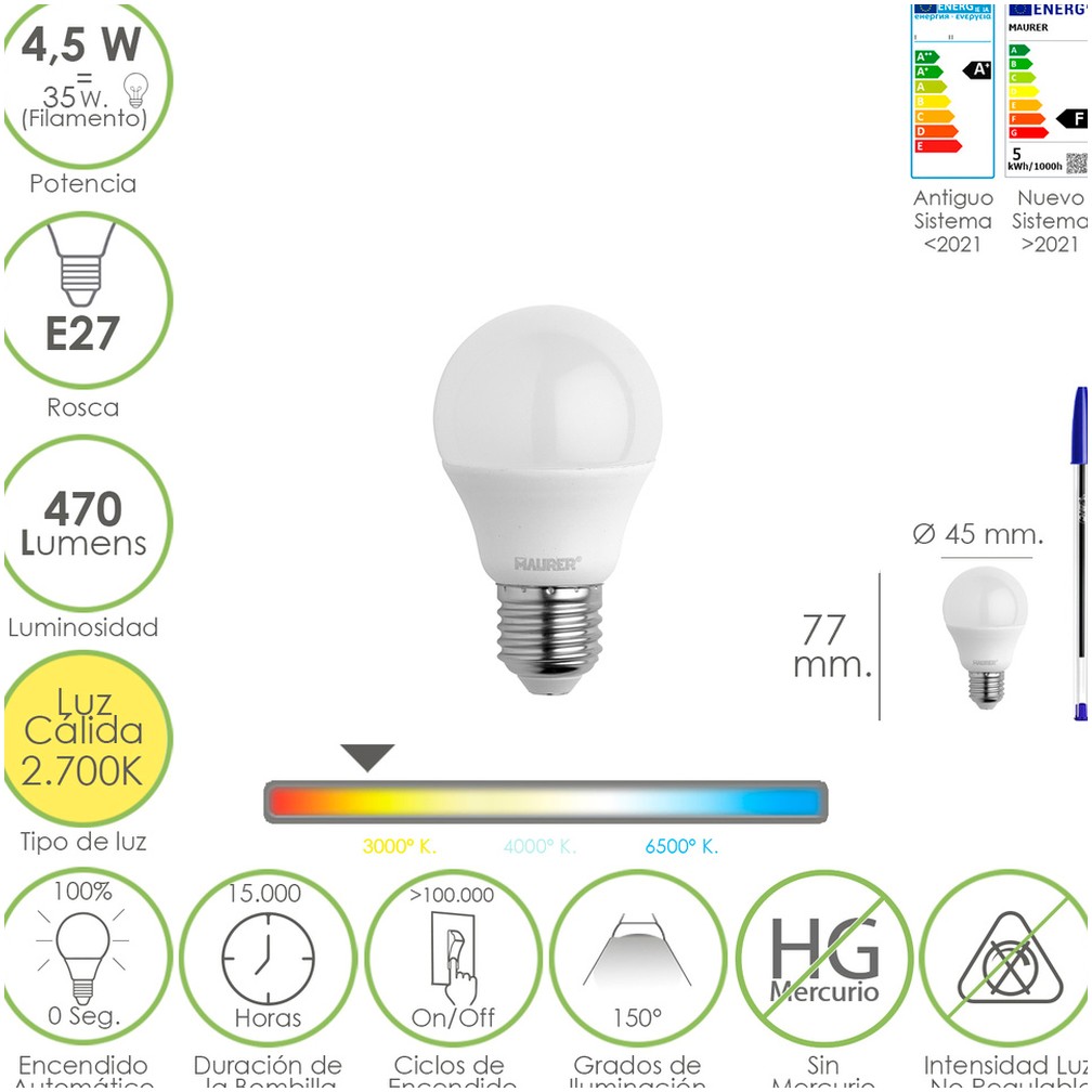 Bombilla Led Esferica Rosca E27 4.5 Watt. Equivale A 55 Watt. 470 Lumenes. Luz Cálida (2700º K.)