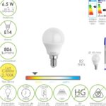 Bombilla Led Esfera Rosca E14. 6.5 Watt. Equivale A 50 Watt. 806 Lumenes. Luz Calida 2700º K.
