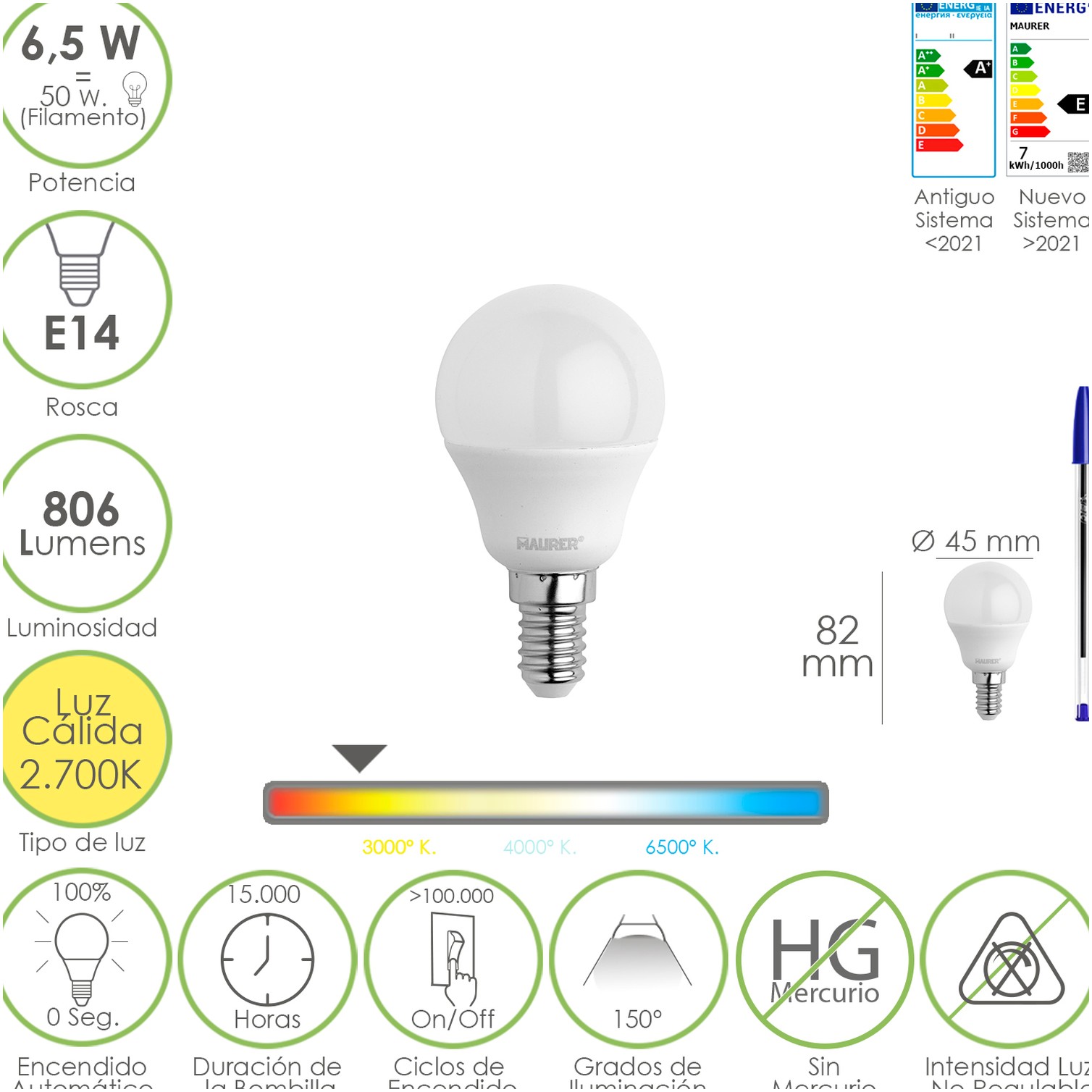 Bombilla Led Esfera Rosca E14. 6.5 Watt. Equivale A 50 Watt. 806 Lumenes. Luz Calida 2700º K.
