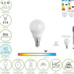 Bombilla Led Esfera Rosca E14. 6.5 Watt. Equivale A 55 Watt. 806 Lumenes. Luz Fría 6500º K.