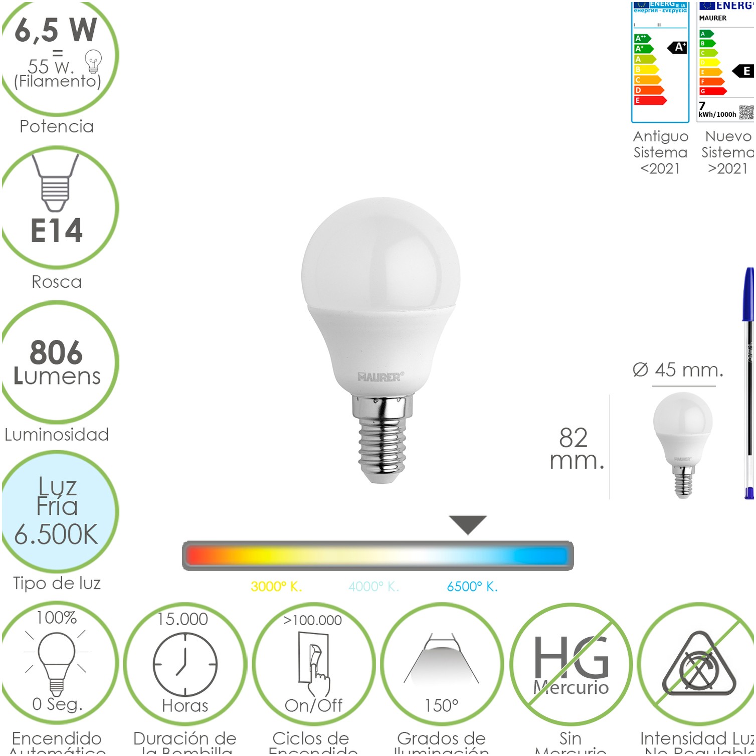 Bombilla Led Esfera Rosca E14. 6.5 Watt. Equivale A 55 Watt. 806 Lumenes. Luz Fría 6500º K.