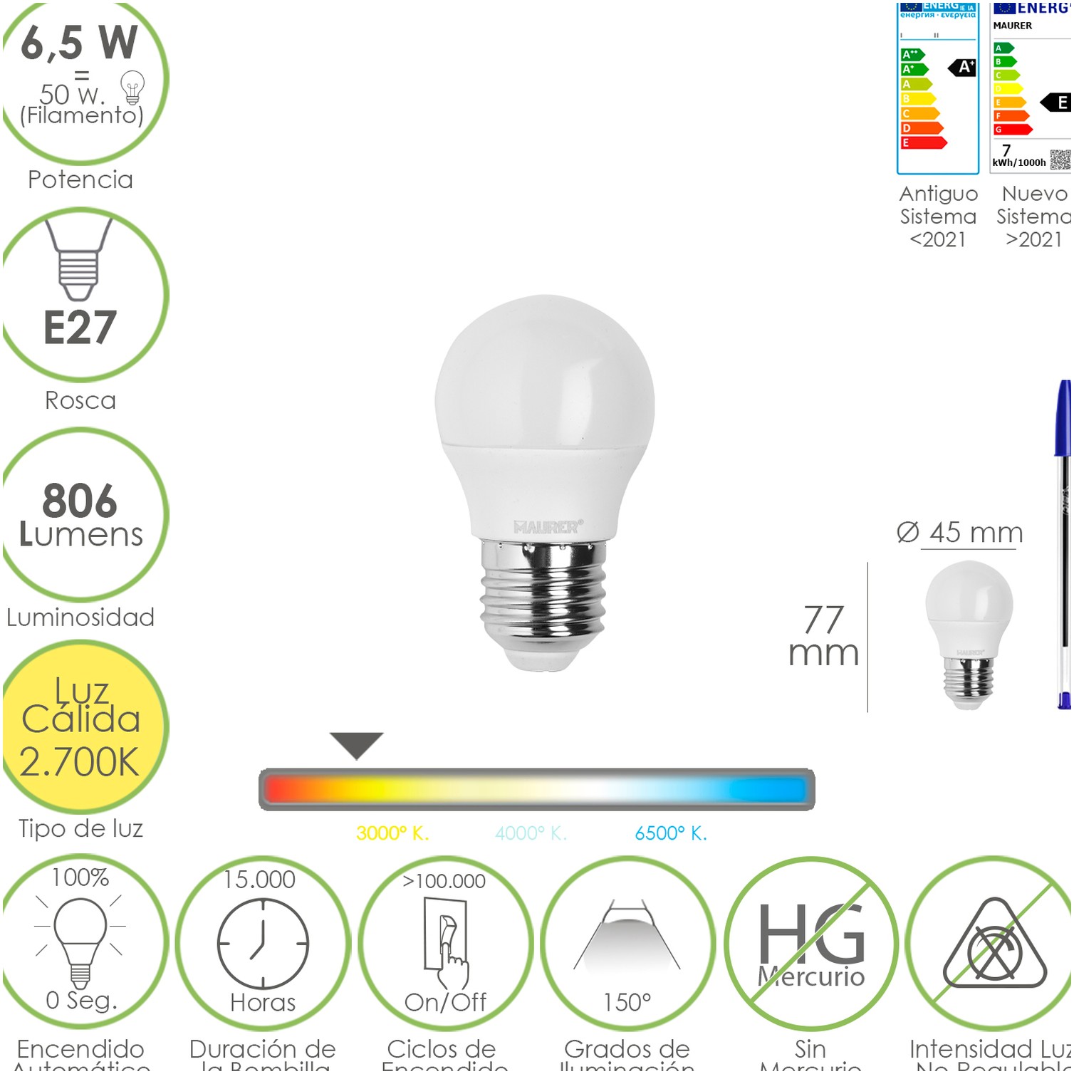 Bombilla Led Esfera Rosca E27. 6.5 Watt. Equivale A 50 Watt. 806 Lumenes. Luz Calida 3000º K.
