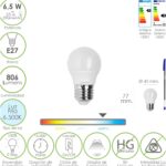 Bombilla Led Esfera Rosca E27. 6.5 Watt. Equivale A 55 Watt. 806 Lumenes. Luz Fría 6500º K.