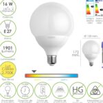 Bombilla Led Globo Rosca E27. 16 Watt. Equivale A 130 Watt. 1901 Lumenes. Luz Cálida (2700º K.)