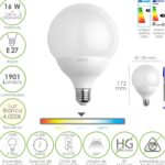 Bombilla Led Globo Rosca E27. 16 Watt. Equivale A 130 Watt. 1901 Lumenes. Luz Blanca (4000º K.)