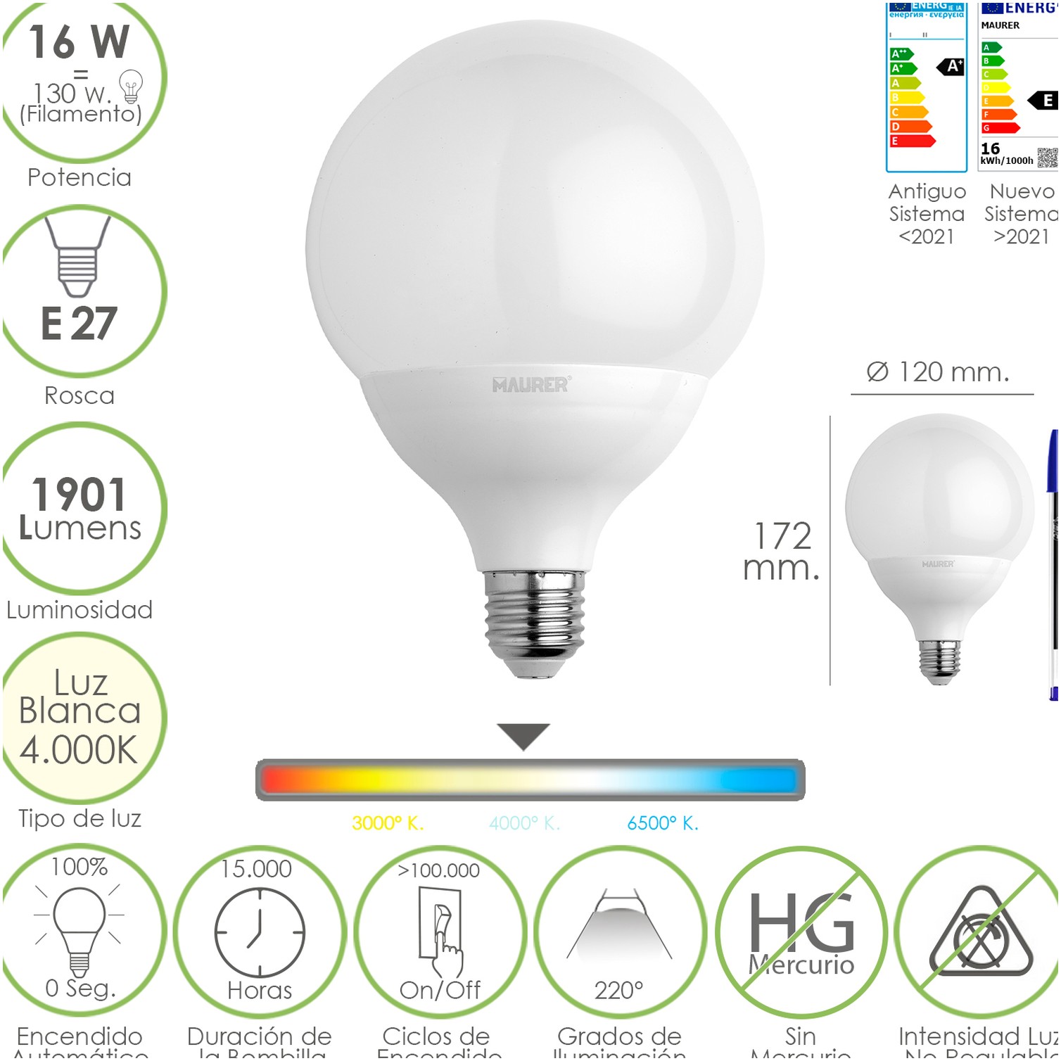 Bombilla Led Globo Rosca E27. 16 Watt. Equivale A 130 Watt. 1901 Lumenes. Luz Blanca (4000º K.)