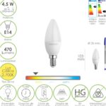 Bombilla Led Vela Rosca E14. 4,5 Watt. Equivale A 35 Watt. 470 Lumenes. Luz Cálida (2700º K)
