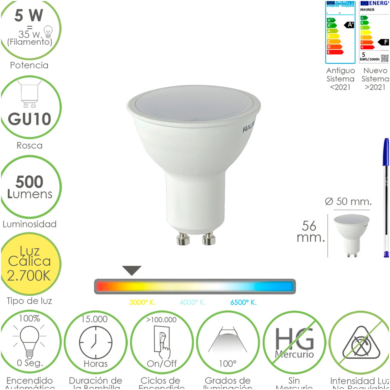 Bombilla Led Dicroica Rosca GU10. 5 Watt. Equivale A 30 Watt. 500 Lumenes. Luz Cálida (2700º K)