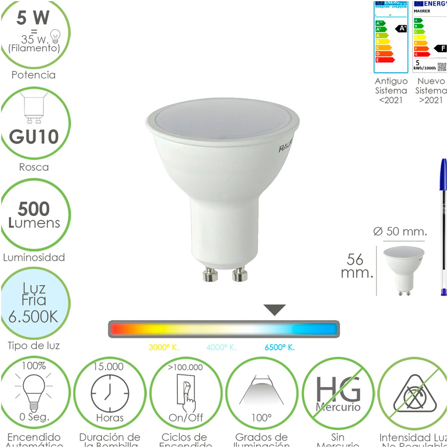 Bombilla Led Dicroica Rosca GU10. 5 Watt. Equivale A 30 Watt. 500 Lumenes. Luz Fria (6500º K.)