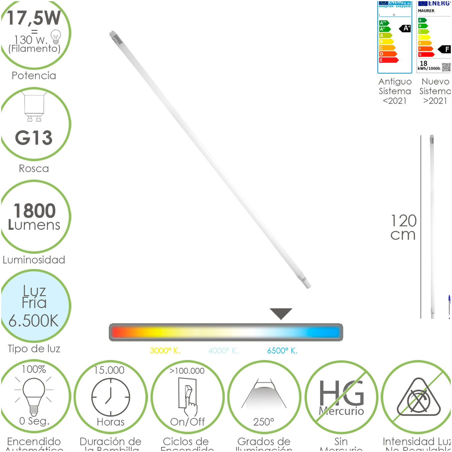 Tubo Led T8 120 cm.17,5 Watt. Equivale A 130 Watt. 1800 Lumenes. Luz Fria 6500º K.